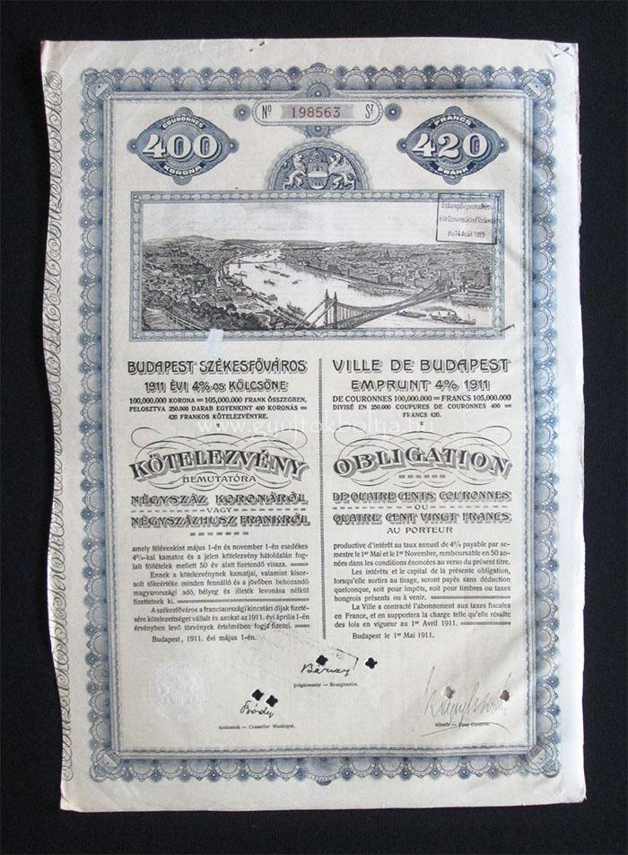 Budapest Szkesfvros ktelezvny 400 korona / 420 frank 1911